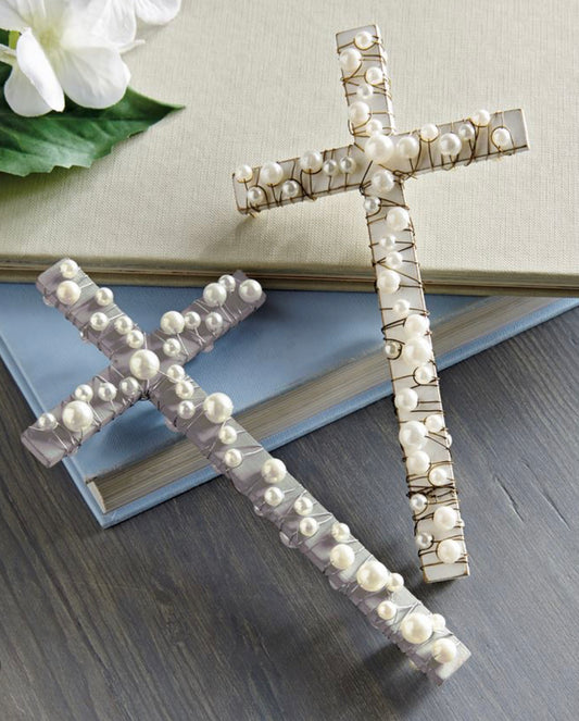 White Wooden Cross W/ Pearls