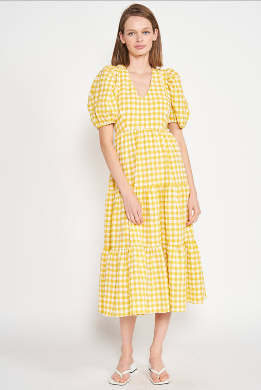 Yellow Gingham Print Maxi Dress