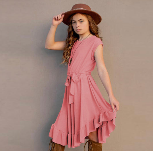 Tween Solid Pink Ruffle Dress